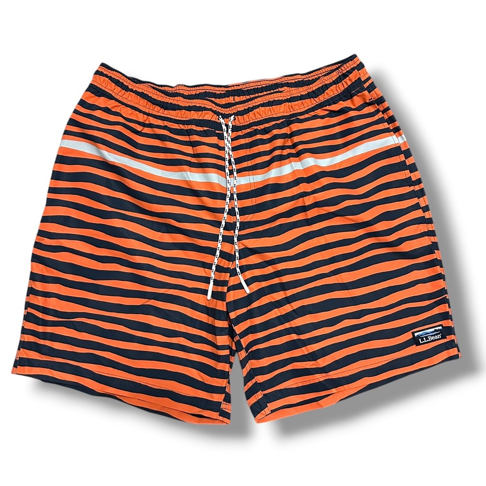 LL Bean Men's Vacationland Stretch Striped Swim Trunks 8" Orange Navy XL 503781
